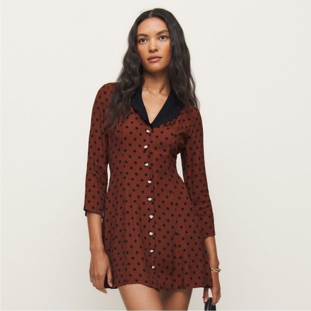 NEW Reformation Galene Mini Dress - Fig Jam Polka Dot Wine Black Causal Spring - Picture 3 of 5